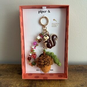 New Piper K Squirrel Acorn Nut Fall Autumn Handbag Charm Keychain Beaded Brown